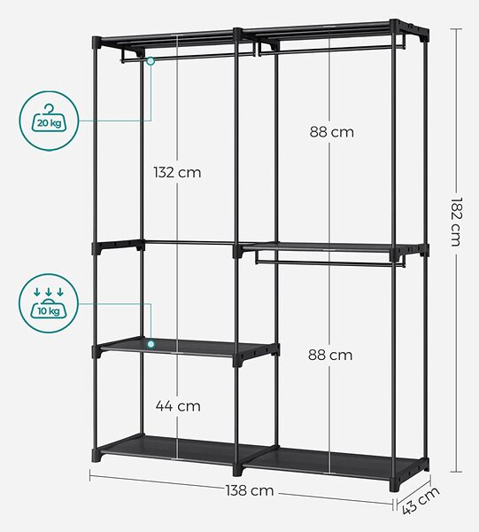 Omara, prenosna omara, stojalo za oblačila, 138 x 43 x 182 cm, črna | SONGMICS