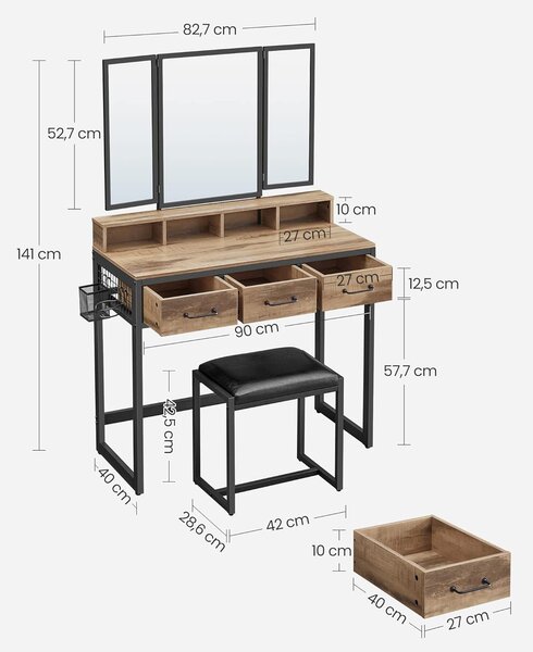 Toaletna miza z oblazinjenim stolom, ogledalo, 3 predali, rjavo-črna | VASAGLE