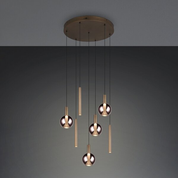 Trio Lighting LED-visoka svetilka Melaro, premer 59 cm, platina, kovina/steklo, CCT, 7-žarilna, zatemnjen, Kovinska, Dnevna soba / jedilnica, Kovina
