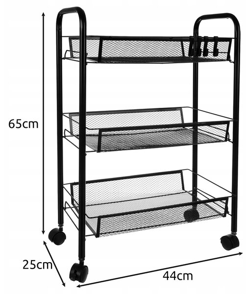 Kuhinjski kovinski regal na kolesih 65cm 3 police črn