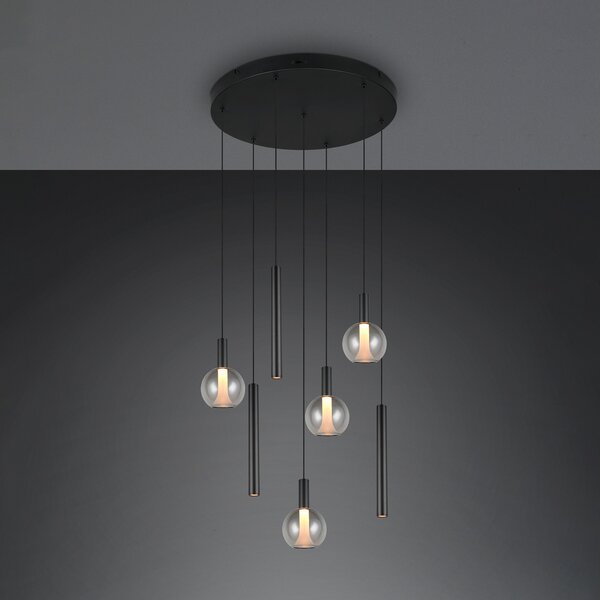 Trio Lighting LED-visoka svetilka Melaro, premer 59 cm, črna, kovina/steklo, CCT, 7-žarilna, zatemnjen, Črna, Dnevna soba / jedilnica, Kovina