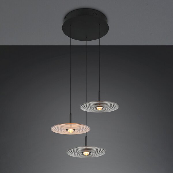 Trio Lighting LED-visoka svetilka Sirena črna/jantarna/dimna, premer 41 cm, steklo, 3-žarilna, zatemnjen, Bež, Dnevna soba / jedilnica, Steklo