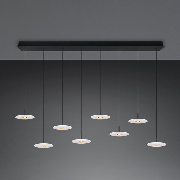 Trio Lighting LED-visoka svetilka Sirena, bela, dolžina 167 cm, steklo, CCT, 8-žarilna, zatemnjen, Bela, Dnevna soba / jedilnica, Steklo