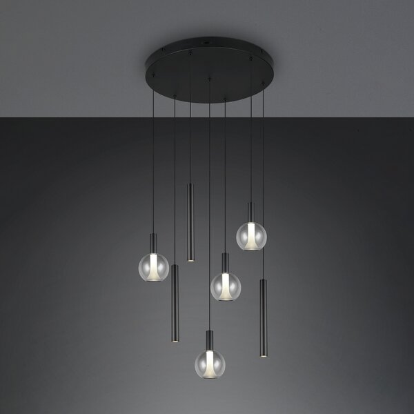 Trio Lighting LED-visoka svetilka Melaro, premer 59 cm, črna, kovina/steklo, CCT, 7-žarilna, zatemnjen, Črna, Dnevna soba / jedilnica, Kovina
