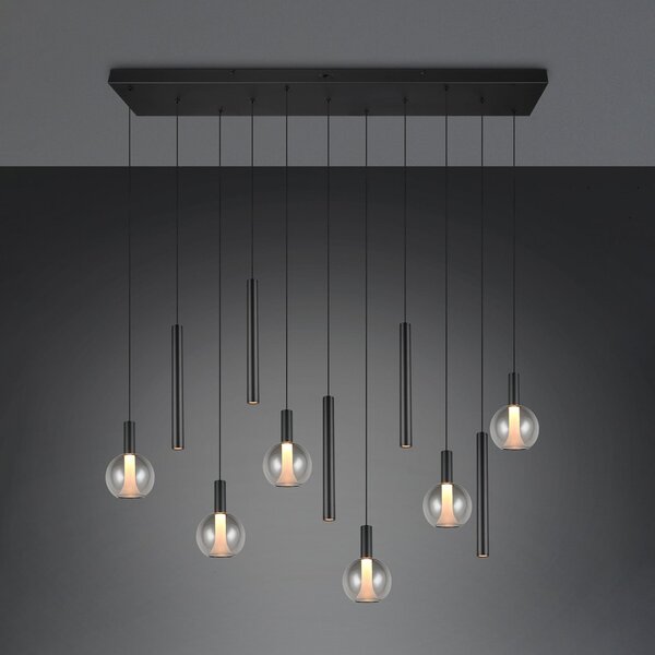 Trio Lighting LED-visoka svetilka Melaro, dolžina 120 cm, črna, kovina/steklo, 11-žarilna, zatemnjen, Črna, Dnevna soba / jedilnica, Kovina