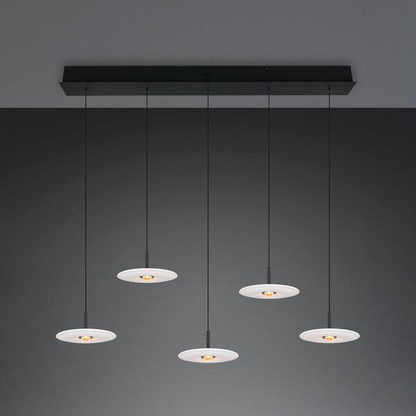 Trio Lighting LED-visoka svetilka Sirena, bela, dolžina 104 cm, steklo, CCT, 5-žarilna, zatemnjen, Bela, Dnevna soba / jedilnica, Steklo