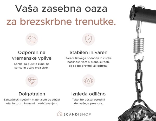 Črni viseči stol KOKON brez stojala, belo-siva blazina