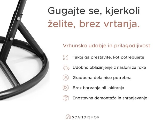 Črni viseči stol KOKON brez stojala, belo-siva blazina