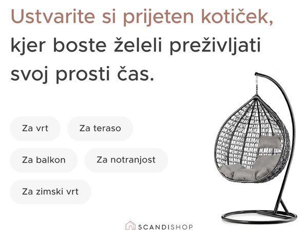 Črni viseči stol KOKON brez stojala, belo-siva blazina