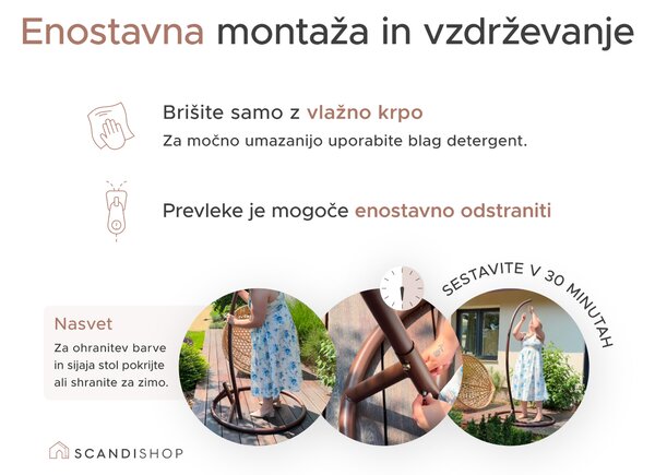 Črni viseči stol KOKON brez stojala, belo-siva blazina