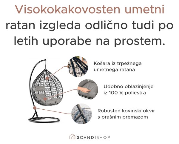 Črni viseči stol KOKON brez stojala, belo-siva blazina