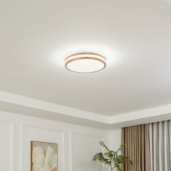Lindby LED-stropna svetilka Emiva, Ø 40 cm, svetlo leseno, CCT, Les, Dnevna soba / jedilnica, Les, Sodobni
