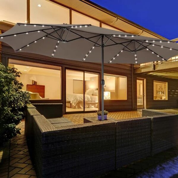Terasni senčnik, dvojni senčnik 470cm, z 48 solarnimi LED lučmi + podstavek - rjave barve