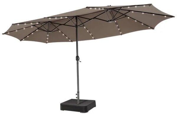 Terasni senčnik, dvojni senčnik 470cm, z 48 solarnimi LED lučmi + podstavek - rjave barve