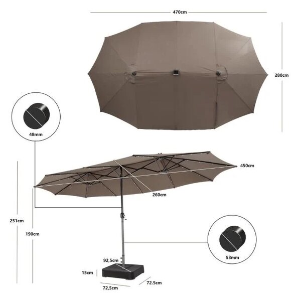 Terasni senčnik, dvojni senčnik 470cm, z 48 solarnimi LED lučmi + podstavek - rjave barve