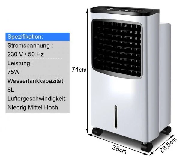 Mobilna klimatska naprava 3 v 1, ventilator, klimatska naprava, 75 W hladilnik / 8 L rezervoar / 7,5 H klimatska naprava