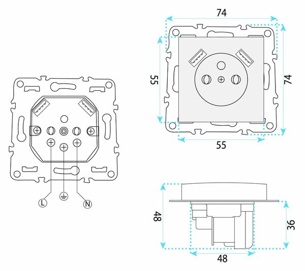 Enojna vtičnica z ozemljitvijo + 2x USB-A OSTE JNH003-G Black