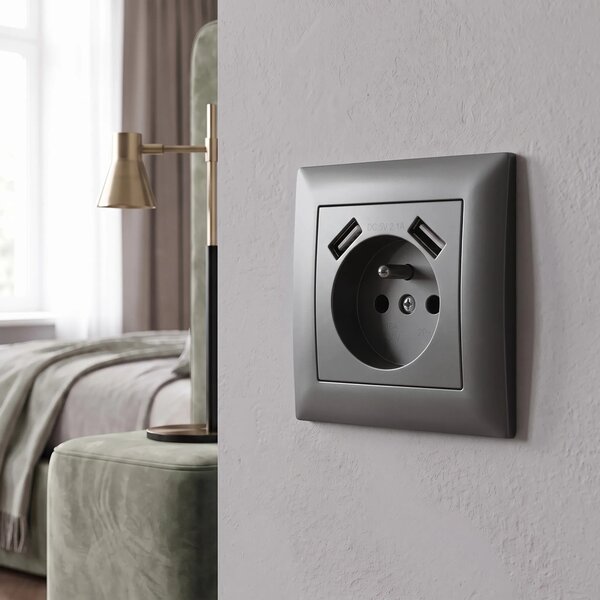 Enojna vtičnica z ozemljitvijo + 2x USB-A OSTE JNH003-G Grey