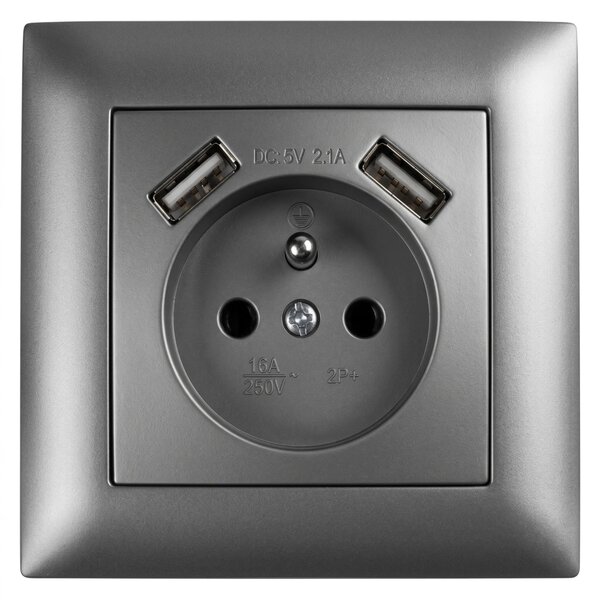 Enojna vtičnica z ozemljitvijo + 2x USB-A OSTE JNH003-G Grey