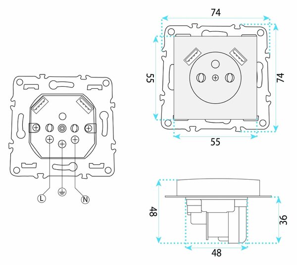 Enojna vtičnica z ozemljitvijo + 2x USB-A OSTE JNH003-G Beige