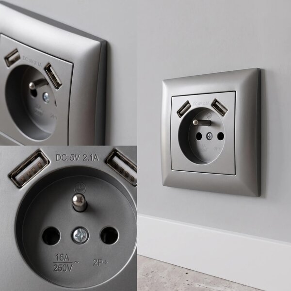 Enojna vtičnica z ozemljitvijo + 2x USB-A OSTE JNH003-G Grey