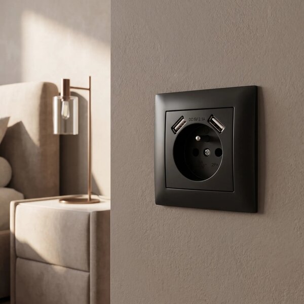 Enojna vtičnica z ozemljitvijo + 2x USB-A OSTE JNH003-G Black