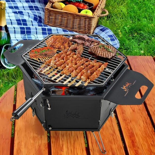 Žar na oglje s 360° vrtljivo funkcijo, zložljivi žar, camping žar z ročaji, dim. 77 x 74 x 38 cm
