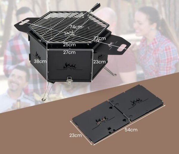 Žar na oglje s 360° vrtljivo funkcijo, zložljivi žar, camping žar z ročaji, dim. 77 x 74 x 38 cm