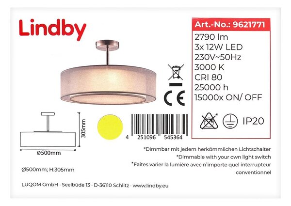 Lindby - LED Zatemnitveni lestenec na drogu PIKKA 3xLED/12W/230V