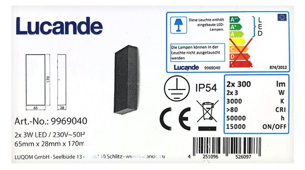 Lucande - LED Zunanja stenska svetilka CORDA 2xLED/3W/230V IP54