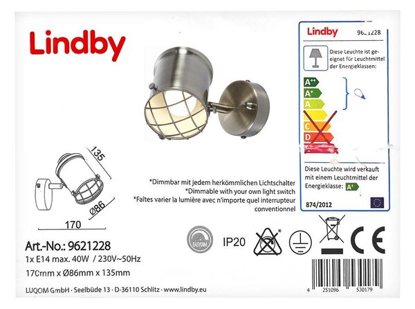 Lindby - LED Zatemnitvena stenska svetilka EBBI 1xE14/5W/230V