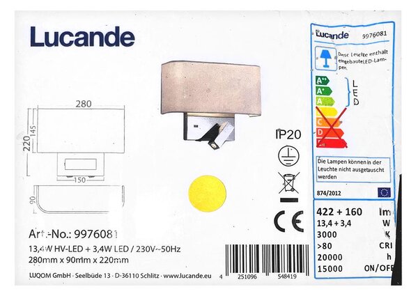 Lucande - LED Stenska svetilka VIRVE 1XLED/13,4W/230V + 1xLED/3,4W/230V