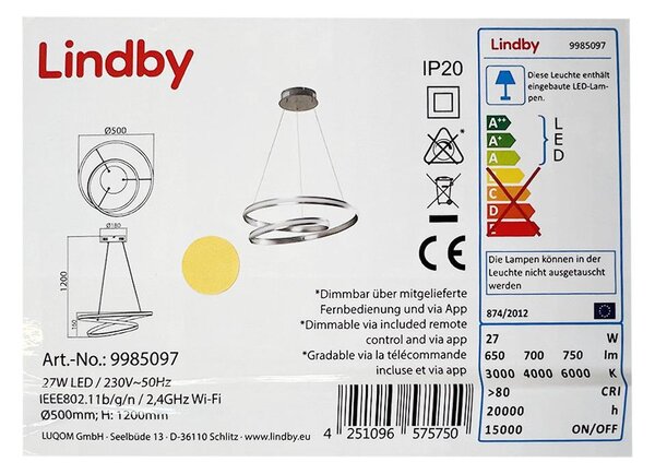 Lindby - LED Zatemnitveni lestenec na vrvici SMART VERIO LED/27W/230V + Daljinski upravljalnik