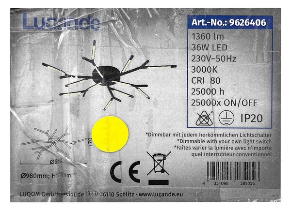 Lucande - LED Zatemnitvena stropna svetilka CUERNO LED/36W/230V