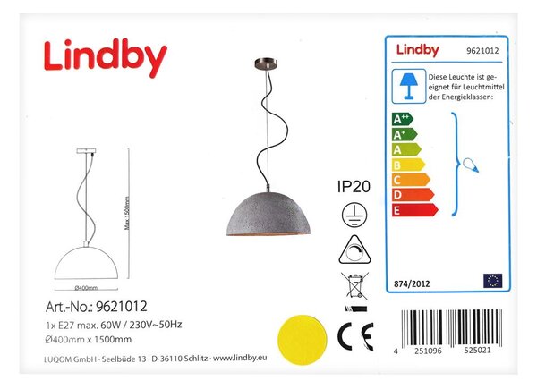 Lindby - Lestenec na vrvici JELIN 1xE27/60W/230V