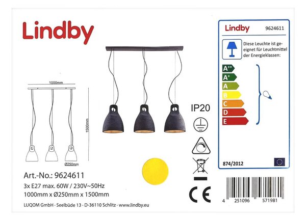 Lindby - Lestenec na vrvici IBU 3xE27/60W/230V