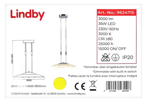 Lindby - LED Zatemnitveni lestenec na vrvici AMIDALA LED/36W/230V