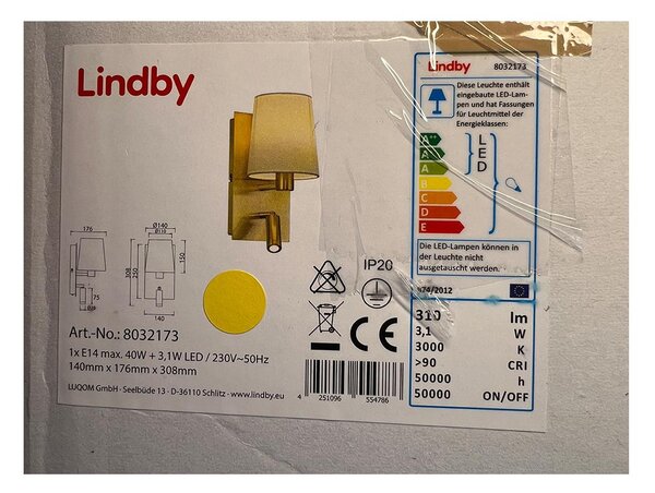 Lindby - Stenska svetilka AIDEN 1xE14/40W/230V + LED/3,1W/230V