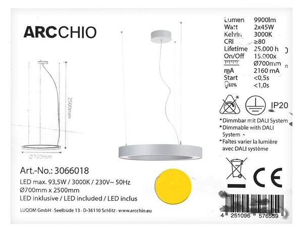 Arcchio - LED Lestenec na vrvici PIETRO 2xLED/45W/230V