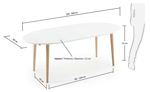 Raztegljiva jedilna miza z belo mizno ploščo 90x120 cm Oqui – Kave Home