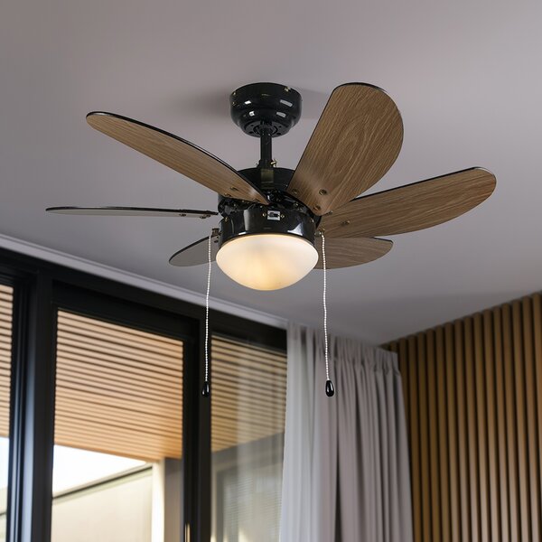 Stropni ventilator črn z lesnim potiskom 80 cm z vlečno vrvico - Fresh
