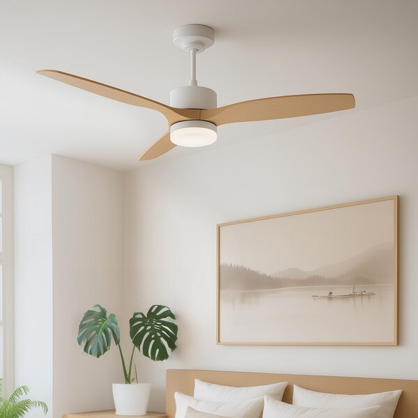 Stropni ventilator bel z lesenim potiskom 132 cm vklj. LED zatemnitev z daljinskim upravljalnikom - Joly