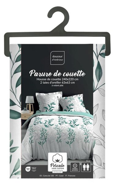 Belo-zelena podaljšana posteljnina za zakonsko posteljo iz bombažnega perkala 240x220 cm Wendy – douceur d'intérieur