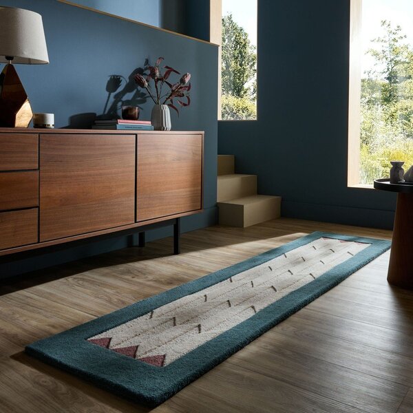 Ročno tkan volnen tekač v naravni barvi/zelenomoder 60x230 cm Apex Border Wool – Flair Rugs