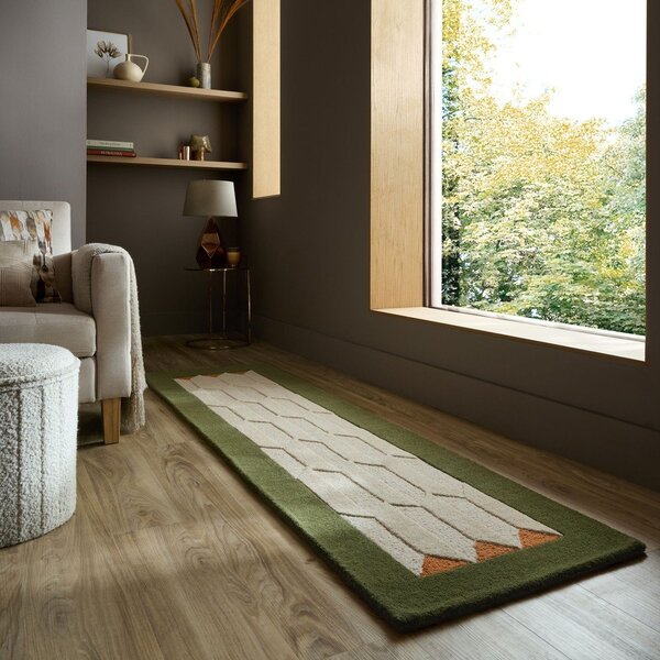 Zelen/v naravni barvi ročno tkan volnen tekač 60x230 cm Apex Border Wool – Flair Rugs
