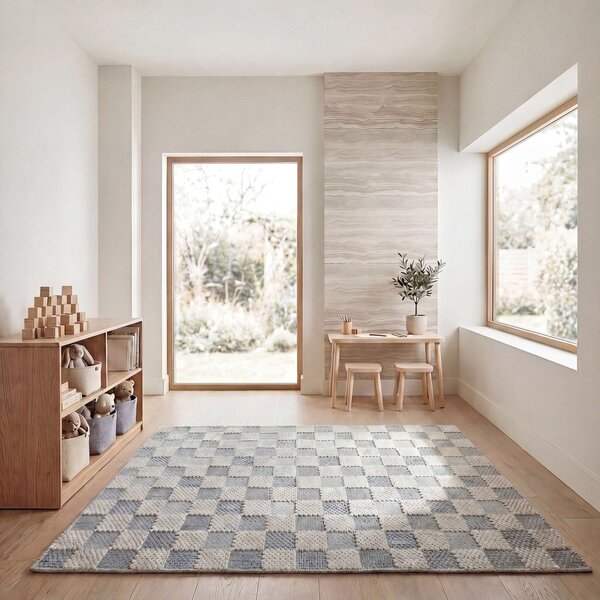 Modra pralna preproga iz mešanice bombaža 116x170 cm Muted Checkerboard – Flair Rugs
