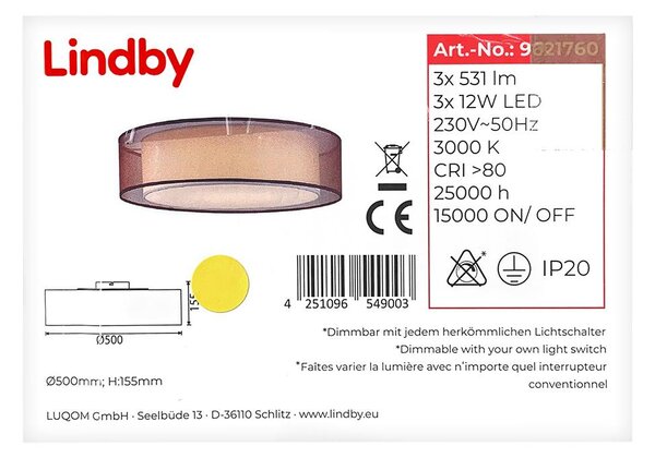 Lindby - LED Zatemnitvena stropna svetilka AMON 3xLED/12W/230V