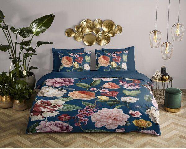 Temno modra enojna podaljšana posteljnina iz bombažnega satena 140x220 cm Fiori – Descanso