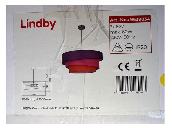 Lindby - Lestenec na vrvici MELIA 3xE27/60W/230V