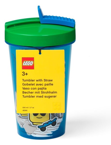 Modra skodelica z zelenim pokrovom in slamico LEGO® Iconic, 500 ml